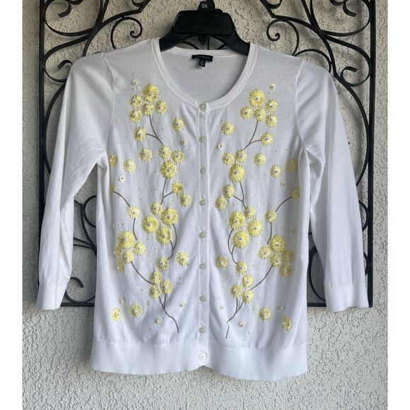 Talbots Floral Embroidered Lightweight Cardigan- Size M- White/Yellow - Picture 2 of 7